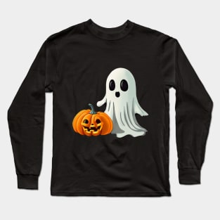 Halloween Friendship: A Playful cute Ghost and Its Pumpkin Pal Long Sleeve T-Shirt